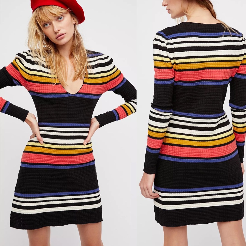 Free People Black Stripe Knit Gidget Sweater Dress